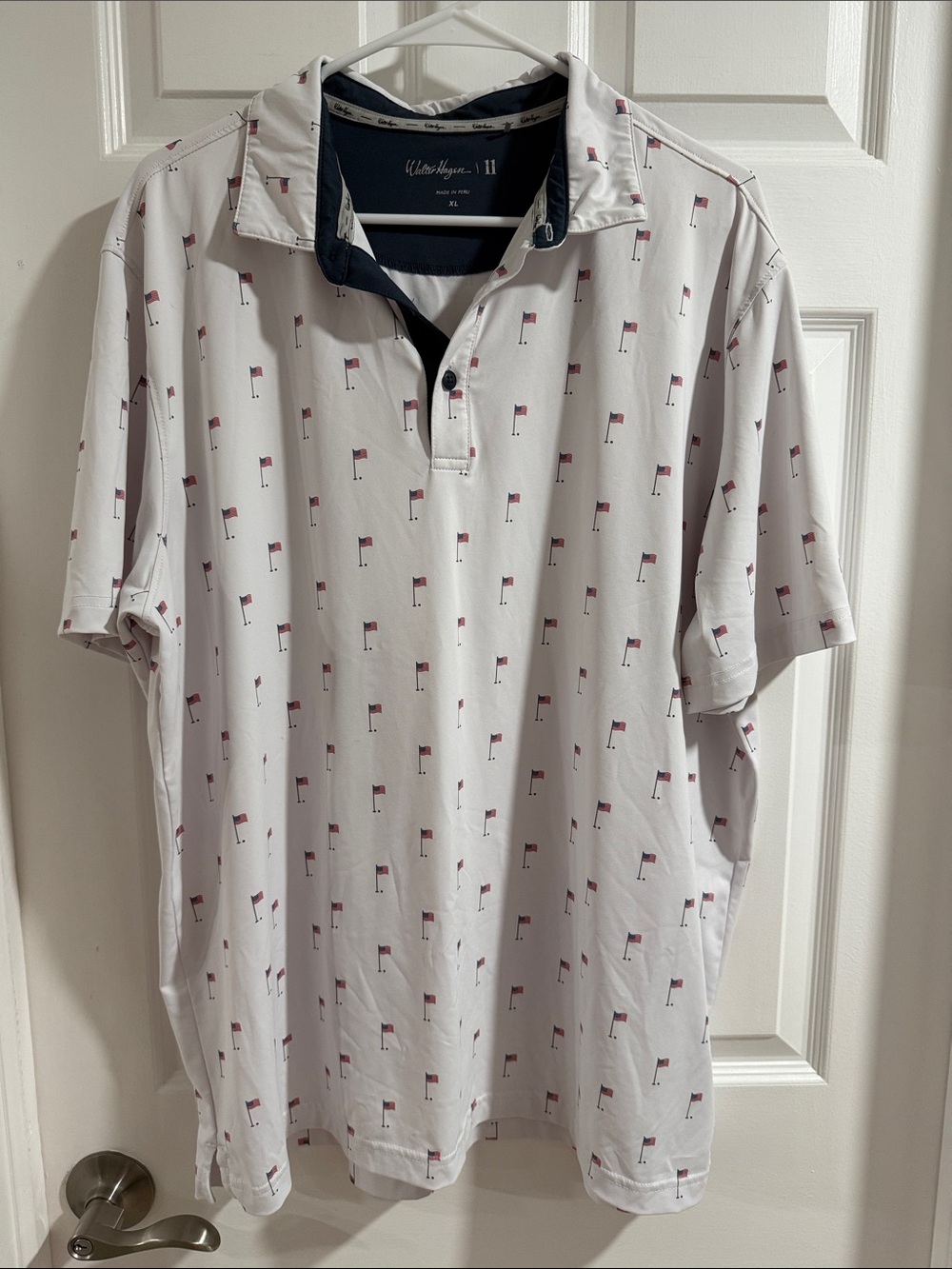 Walter Hagen Club Room White Polo with Red Flag Print and Navy Trim